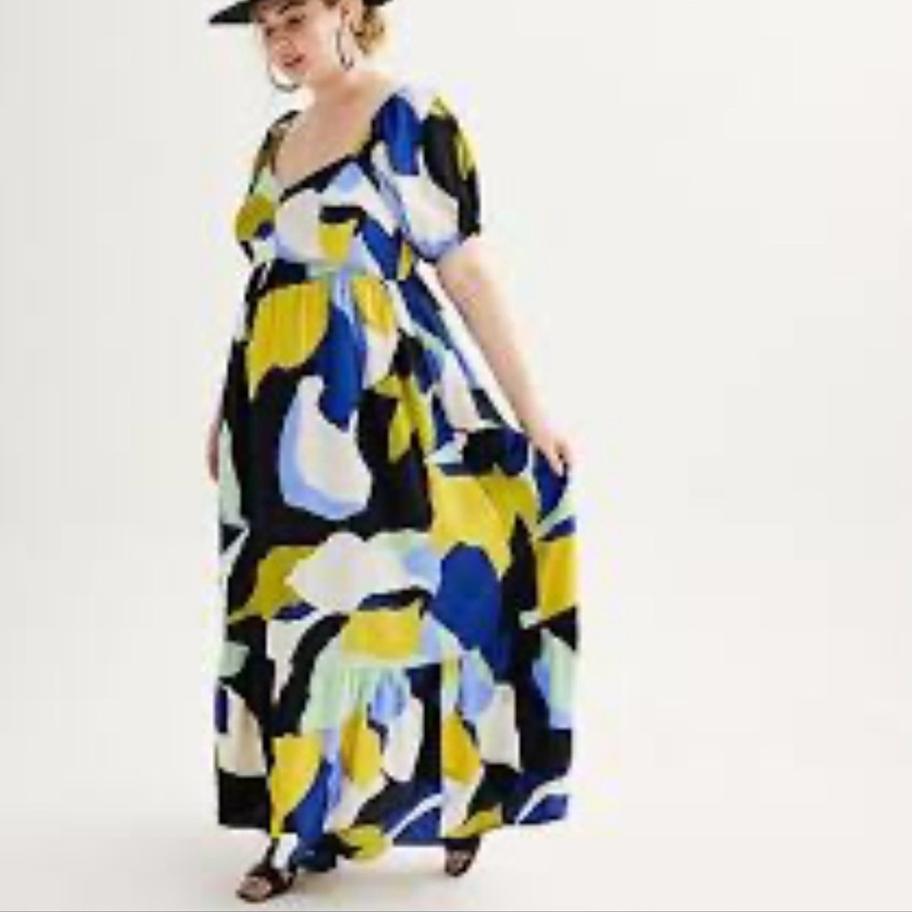 Plus-Size Abstract Print Maxi Dress in Blue & Yellow
